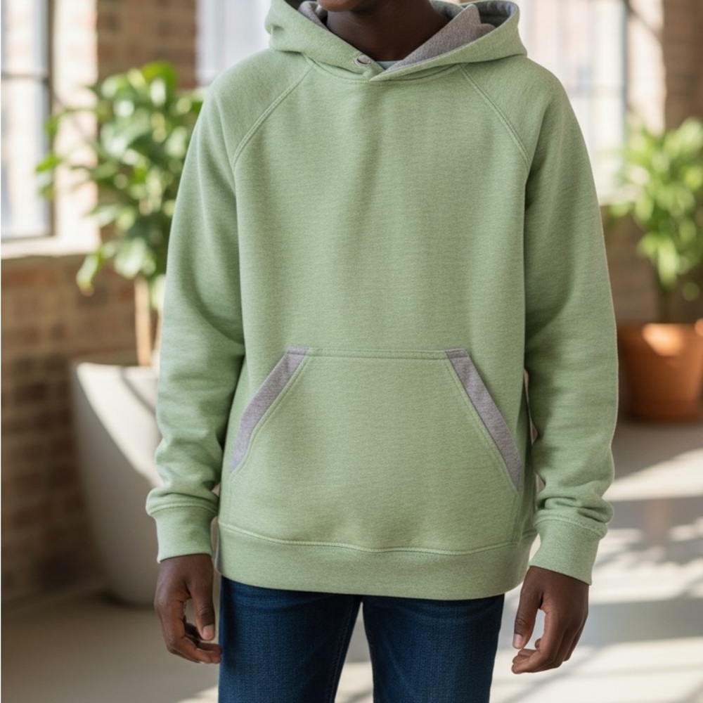 Boys Lightweight Adorable Green & Gray Hoodie With Kangaroo Pocket•8